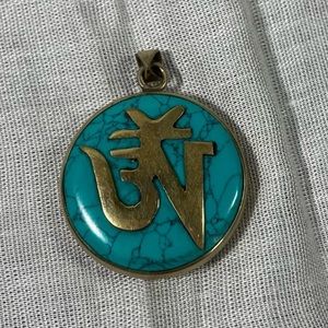 Tibetan Pendant Om Turquoise/Carnelian 30mm Brass